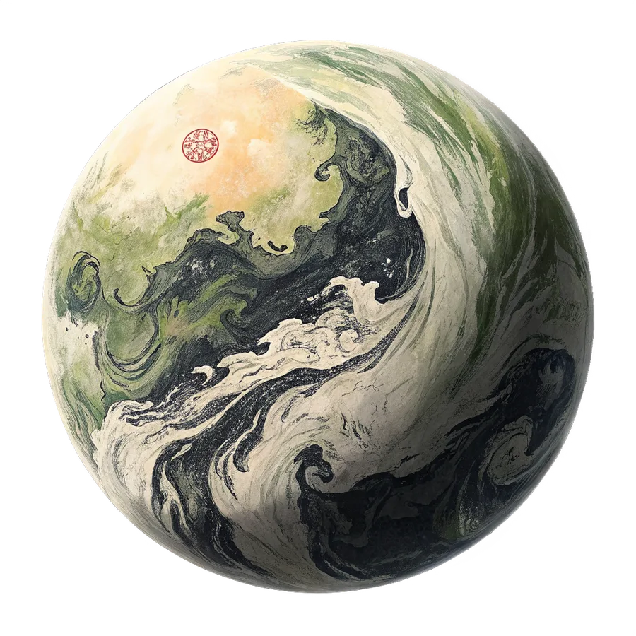 The world of CHAC, a marbled black-and-white ink-wash planet ringed in bamboo-green light