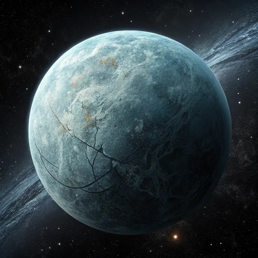 The dormant world of Heppy — a cold grey-blue planet with faint cracks of light