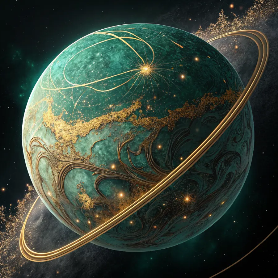 The world of Scitong — a teal planet veined with brass-gold light