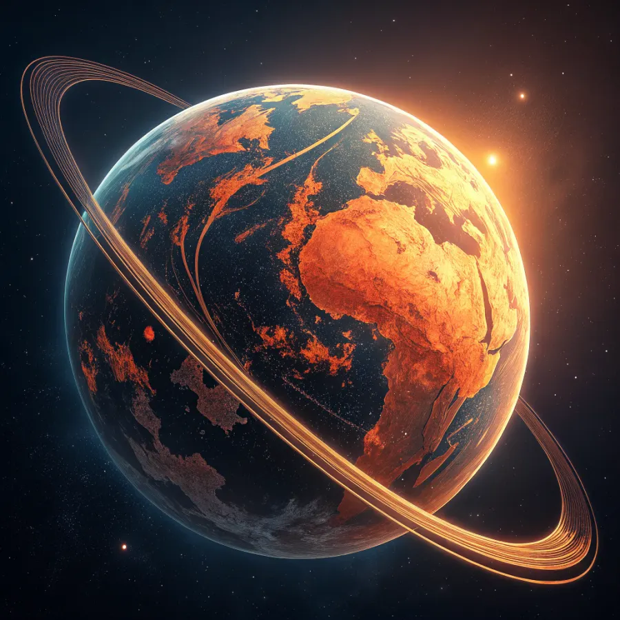 The world of TUD — a coral and navy planet ringed in gold light