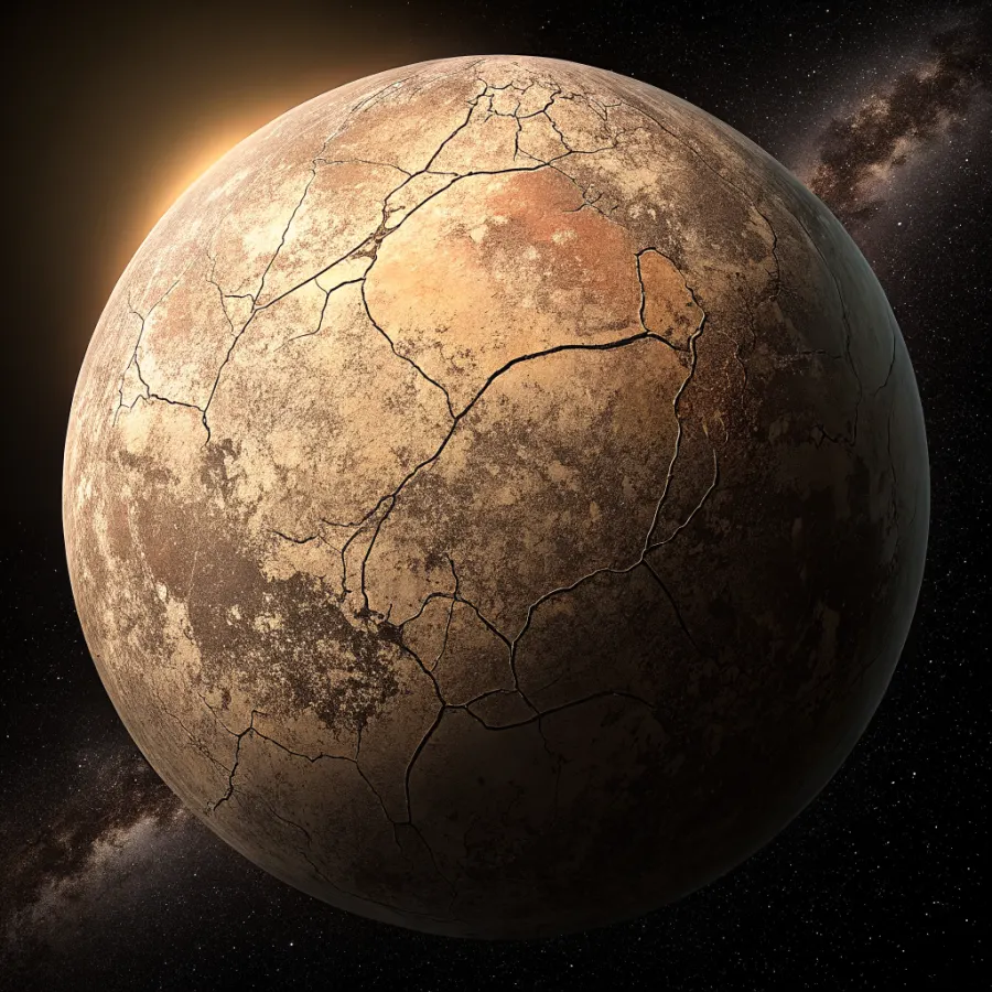 The dormant world of Vogtov Vintage — a dusty sepia planet with warm embers in its cracks
